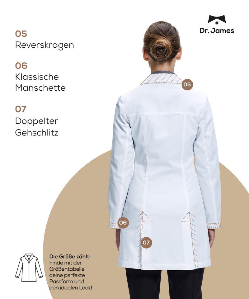 DR. JAMES معطف مختبر متميز للدكتورة جيمس للنساء، جيوب جانبية، تصميم مفصل، إغلاق زر مخفي، طول 33" (10 (م)) - Image 3